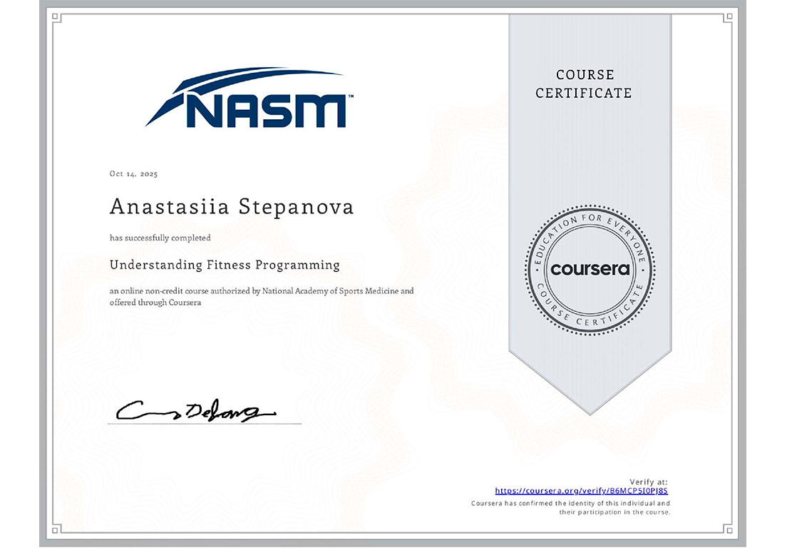Understanding Fitness Programming — сертификат, NASM · Coursera